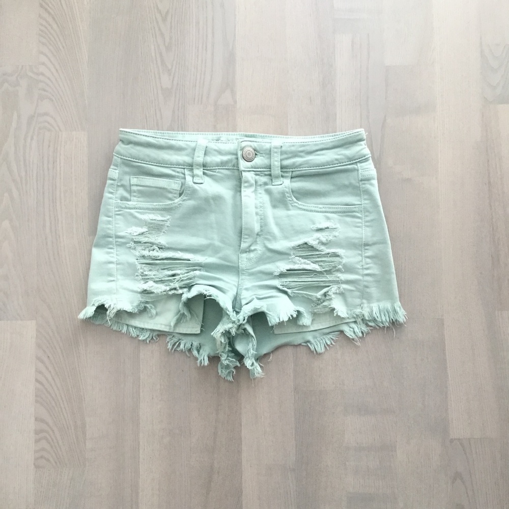 American Eagle Dusty Mint Pastel Mid-Rise Distressed Summer Festival Shorts